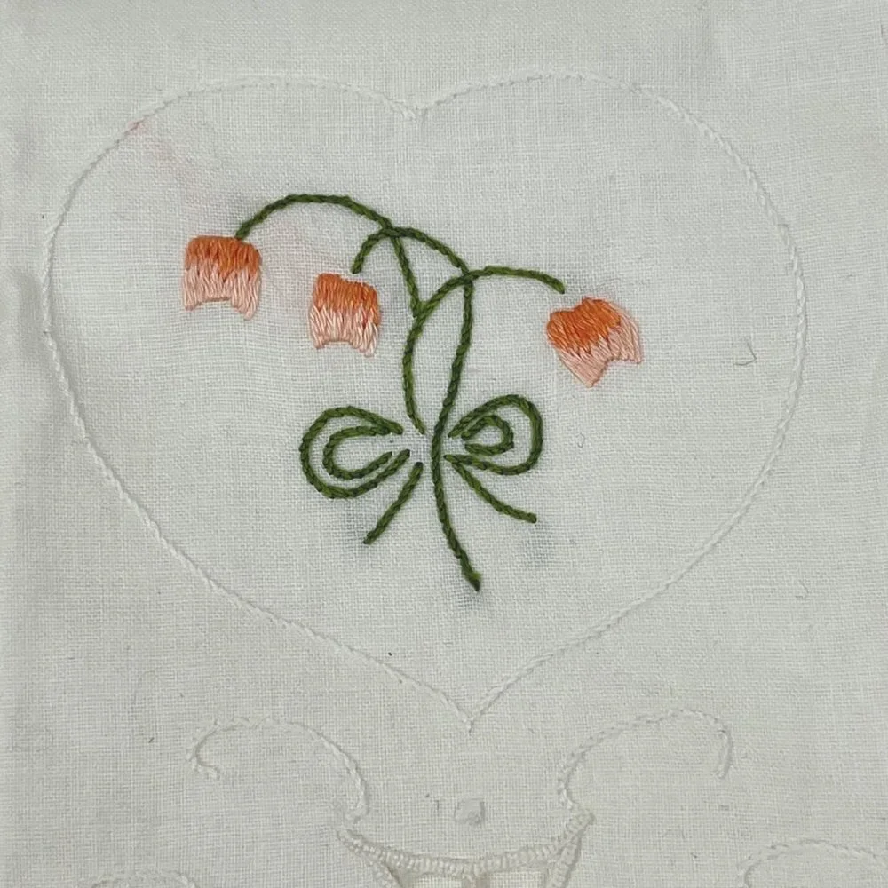 Vintage Hand-Embroidered Tea Towels White Pink Flowers Set of 2